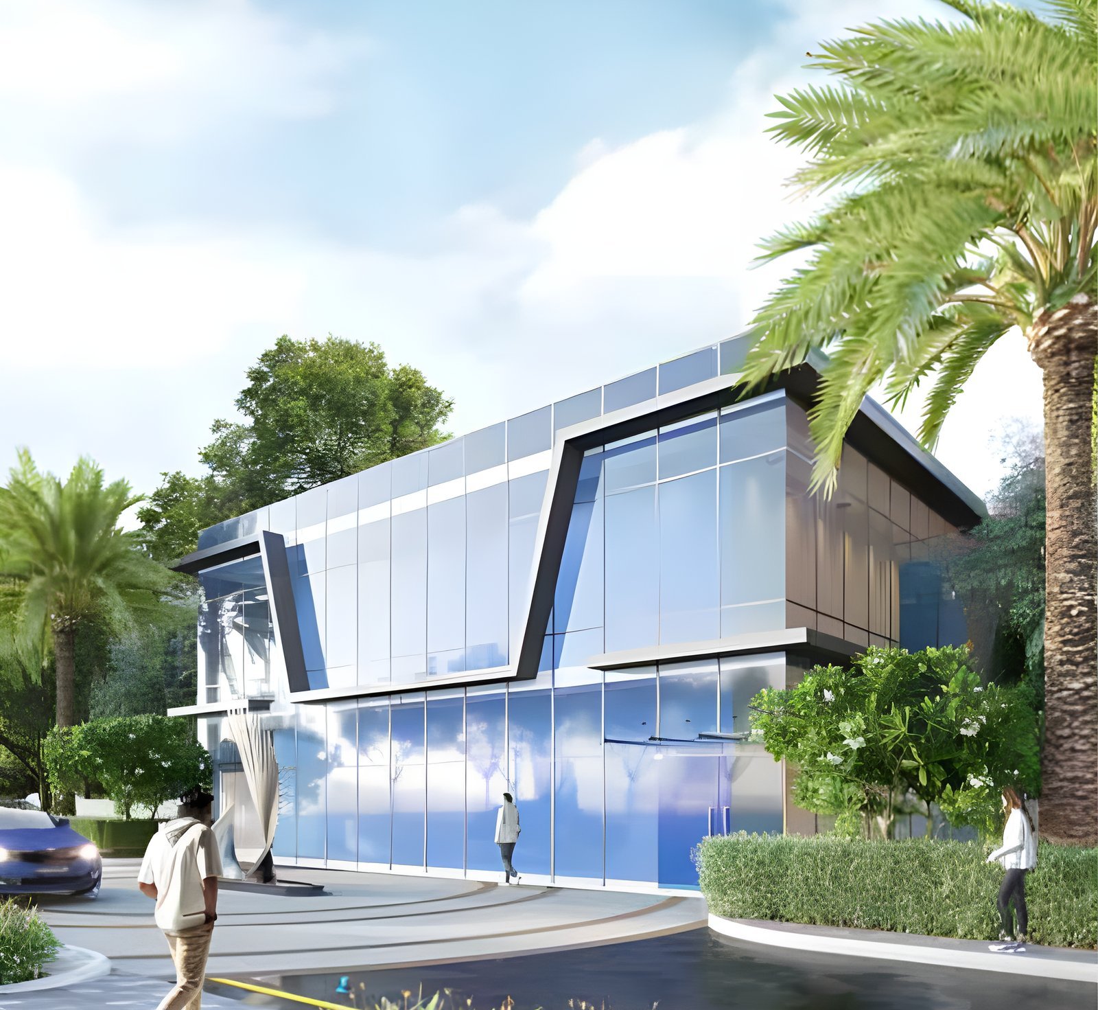 The Green Planet clubhouse, a glass-fronted building among palms