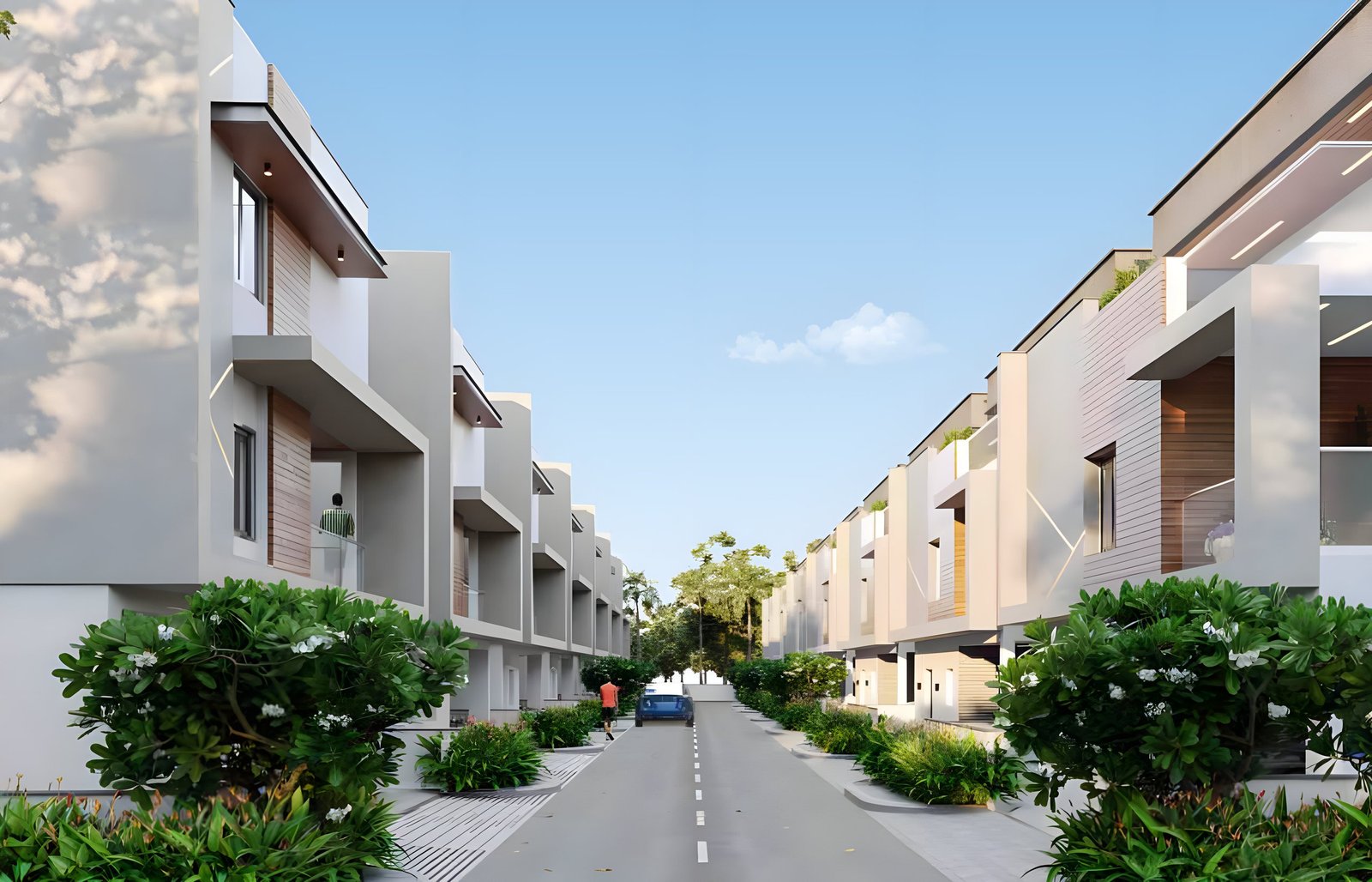 Tree-lined street between the villas at Green Planet